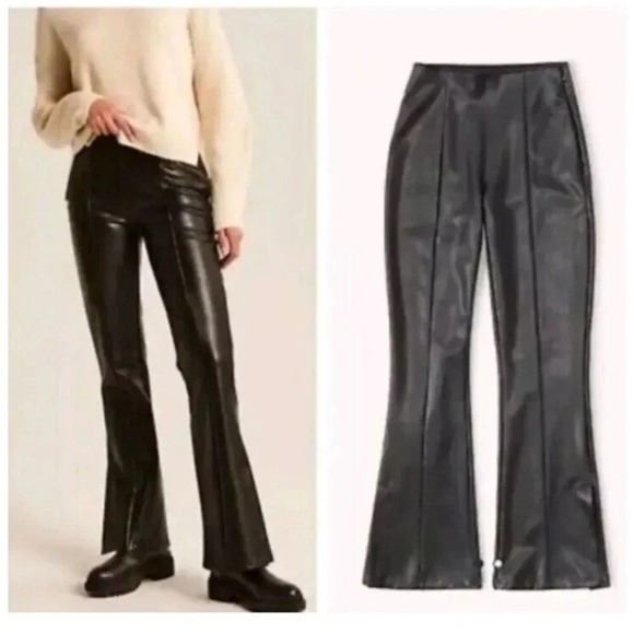 Abercrombie & Fitch Vegan Leather High Waisted Flared Split Hem Pants Black M - Picture 1 of 11